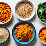 **A vibrant flat lay of vegan athlete staples.** This should include colorful plant-based protein sources (legumes, tofu, nuts, seeds), iron-rich leafy greens and vegetables, complex carbohydrates (sweet potato, whole grains), and a shaker bottle with plant-based protein powder. The overall feel is energetic and healthy, showcasing the variety in a vegan athlete's diet.