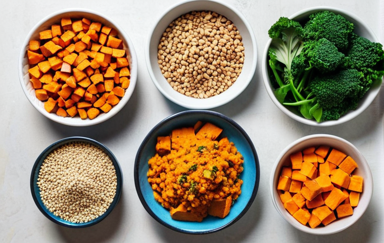 **A vibrant flat lay of vegan athlete staples.** This should include colorful plant-based protein sources (legumes, tofu, nuts, seeds), iron-rich leafy greens and vegetables, complex carbohydrates (sweet potato, whole grains), and a shaker bottle with plant-based protein powder. The overall feel is energetic and healthy, showcasing the variety in a vegan athlete's diet.