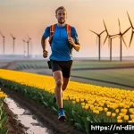 운동선수의 탄수화물 섭취의 중요성 - A dynamic and detailed scene of a Dutch endurance athlete running through a scenic countryside trail...