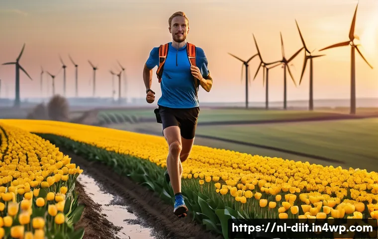 운동선수의 탄수화물 섭취의 중요성 - A dynamic and detailed scene of a Dutch endurance athlete running through a scenic countryside trail...