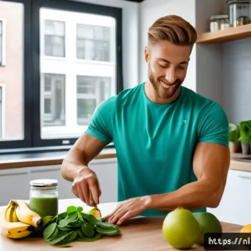 운동선수의 식사 전 후 영양 섭취 방법 - A vibrant and dynamic scene of a young adult athlete preparing a pre-workout smoothie in a modern Du...