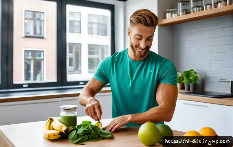 운동선수의 식사 전 후 영양 섭취 방법 - A vibrant and dynamic scene of a young adult athlete preparing a pre-workout smoothie in a modern Du...